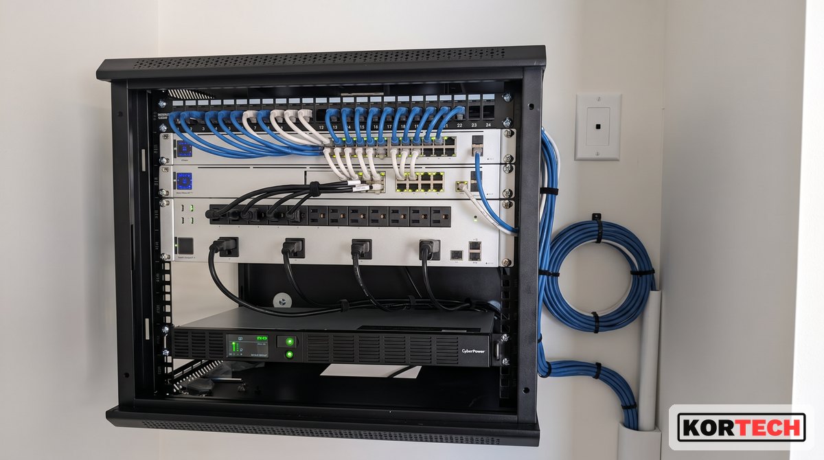 Network rack after Kortech structured cabling with dressed patch runs and service loop