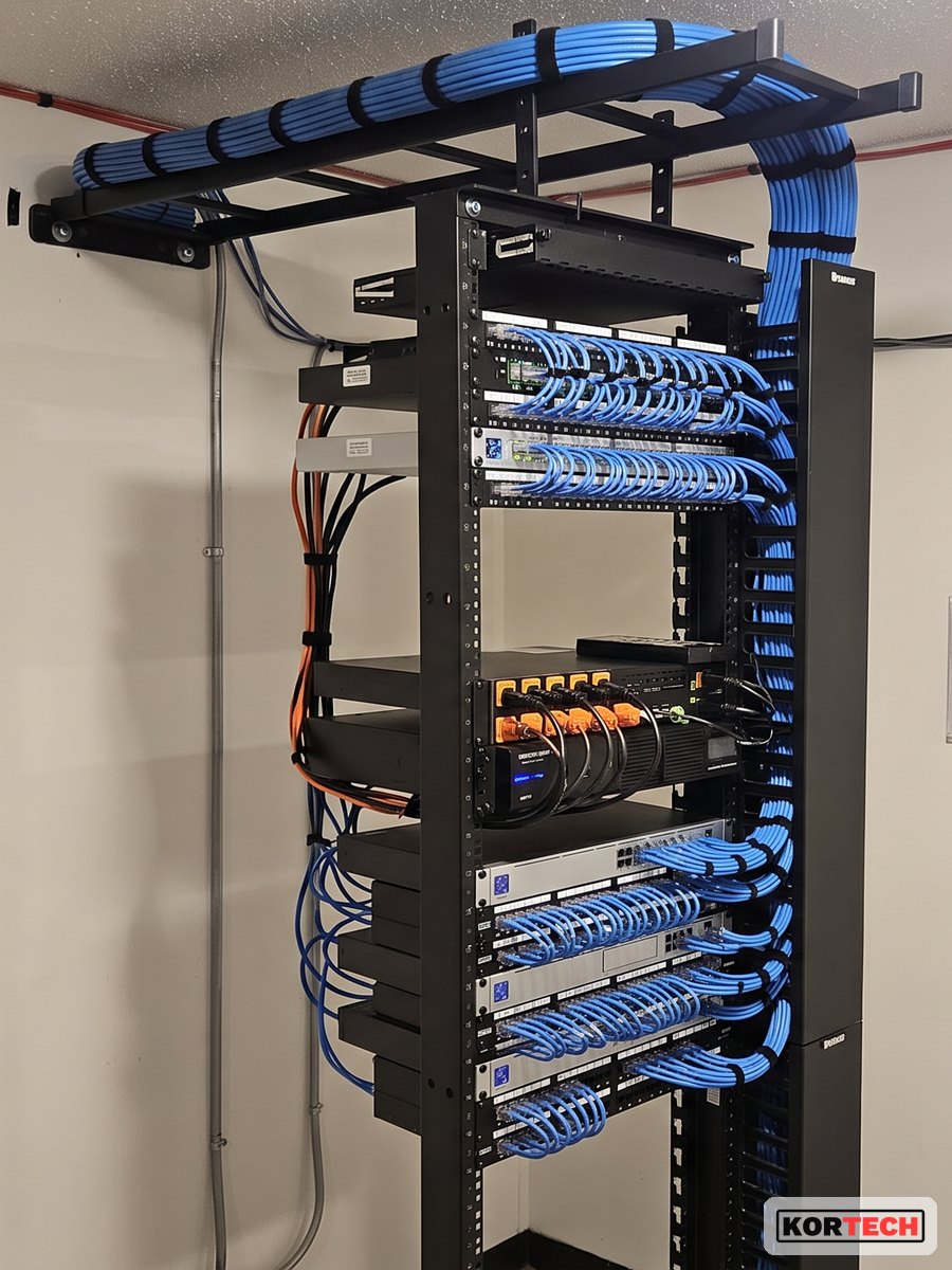 Full-height relay rack after Kortech cable dressing with overhead runway and vertical managers
