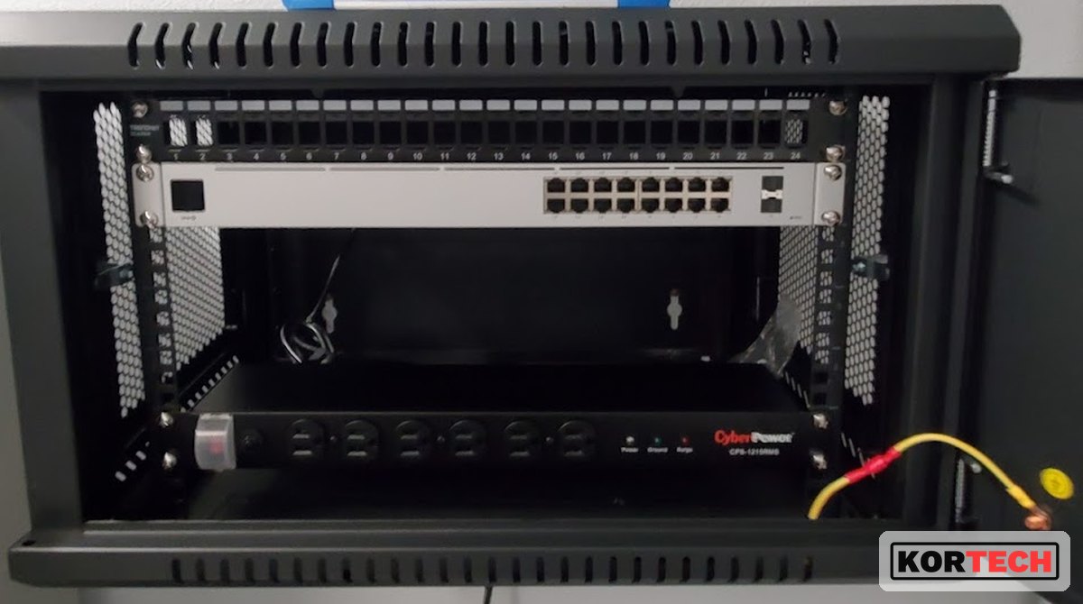 Same network rack before, disorganized and incomplete