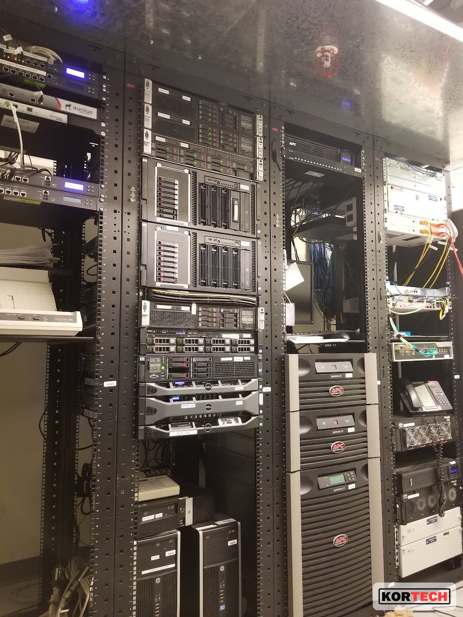 Full Kortech-installed server rack with servers, switches and UPS units